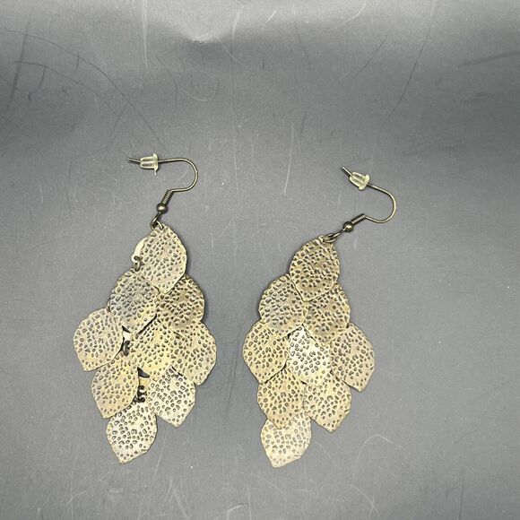 Earrings Brass Chandelier Boho Layered Earthy Leaf Hook Back Lightweight - Picture 2 of 7